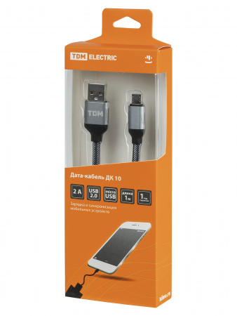 Дата-кабель, ДК 10, USB - micro USB, 1 м, тканевая оплетка, серый, TDM