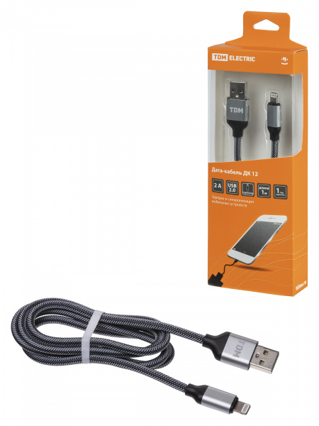 Дата-кабель, ДК 12, USB - Lightning, 1 м, тканевая оплетка, серый, TDM