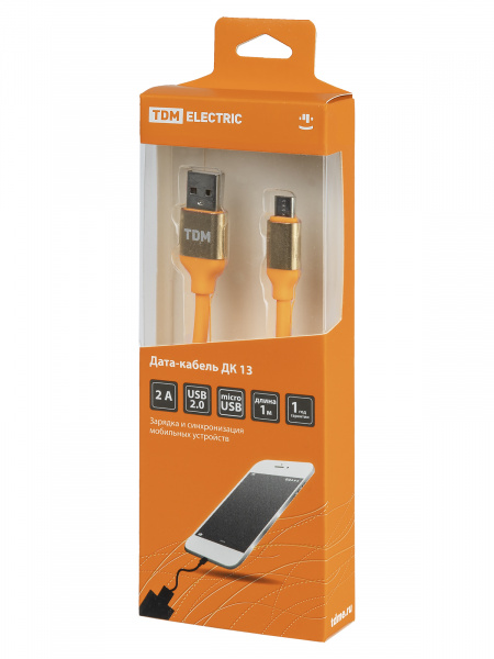 Дата-кабель, ДК 13, USB - micro USB, 1 м, силиконовая оплетка, оранжевый, TDM