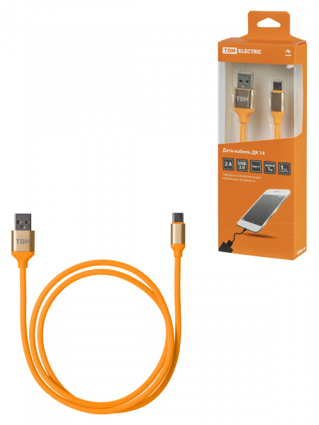 Дата-кабель, ДК 14, USB - USB Type-C, 1 м, силиконовая оплетка, оранжевый, TDM