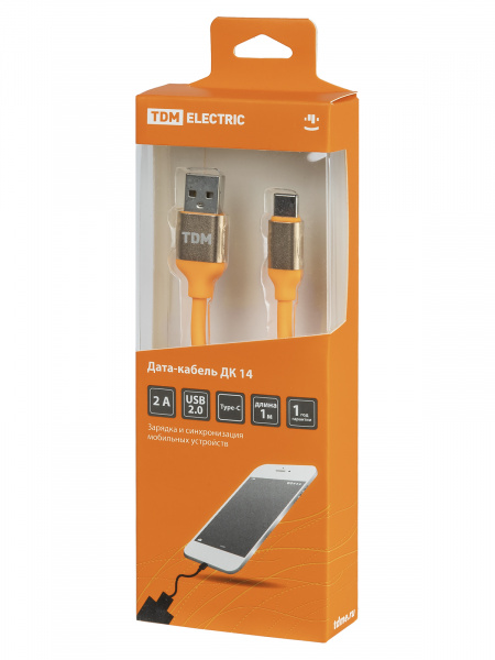Дата-кабель, ДК 14, USB - USB Type-C, 1 м, силиконовая оплетка, оранжевый, TDM