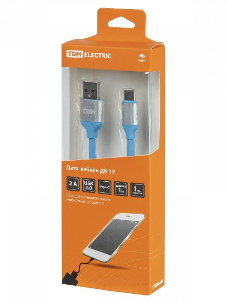 Дата-кабель, ДК 17, USB - USB Type-C, 1 м, силиконовая оплетка, голубой, TDM