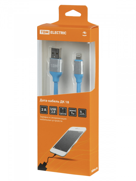 Дата-кабель, ДК 18, USB - Lightning, 1 м, силиконовая оплетка, голубой, TDM