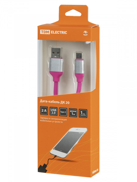 Дата-кабель, ДК 20, USB - USB Type-C, 1 м, силиконовая оплетка, розовый, TDM