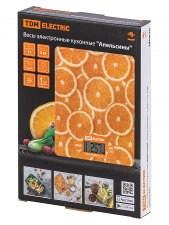 Весы электронные кухонные "Апельсины", стекло, деление 1 г, макс. 5 кг, TDM