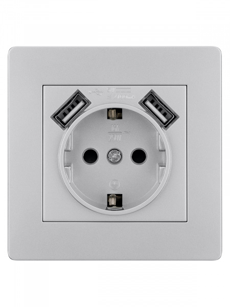 Розетка 2П+З 16А 250В + 2 USB порта 2,1А 5В серебр. металлик "Сенеж" TDM