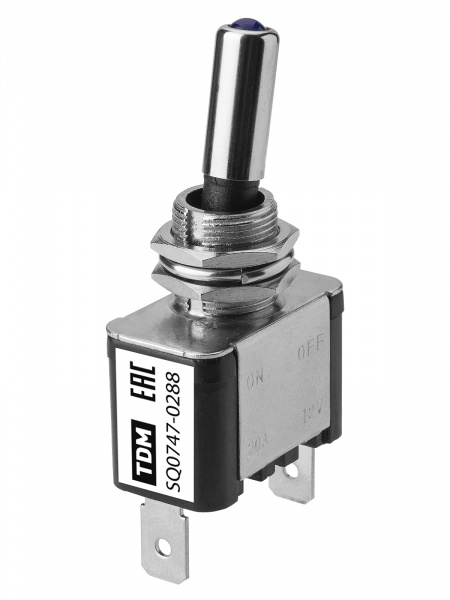 Выключатель-тумблер ASW-07D 1P 12В AC/DC 25А (3c) ON-OFF с фиксацией с синей LED подсветкой TDM