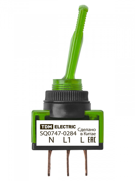Выключатель-тумблер ASW-13D 1P 12В AC/DC 20А (3c) ON-OFF с фиксацией с зеленой LED подсветкой TDM