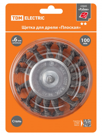 Щетка для дрели "плоская", 100 мм, плетеные пучки стальной проволоки d 0,5 мм, "Рубин", TDM