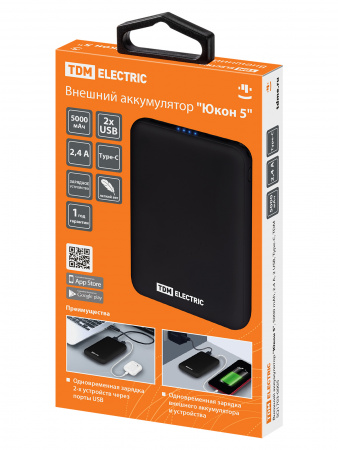 Внешний аккумулятор "Юкон 5", 5000 mAh, 2.4 А, 2 USB, Type-C, TDM