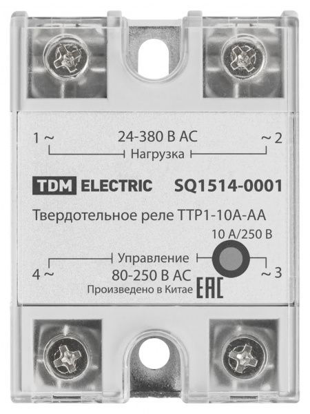 Твердотельное реле ТТР1-10А-AА, 1ф, 10А, упр: 80-250В AС, нагр: 24-380В АС TDM