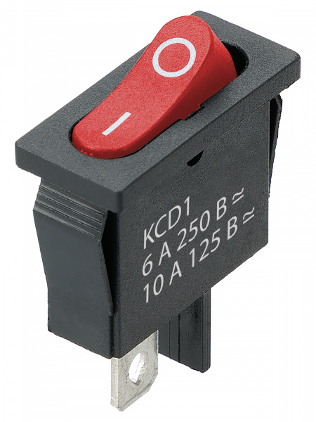 Выключатель клавишный KCD1-101B 250В AC/DC, 1P, 6А, (2с), ON-OFF, черный корпус, красная клавиша, Mini, TDM