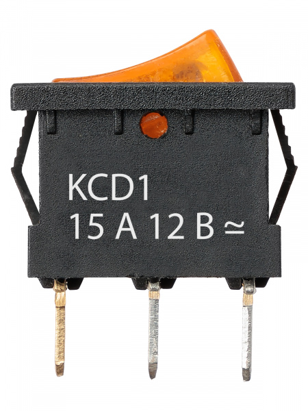 Выключатель клавишный KCD1-101N 12В AC/DC, 1P, 15А, (3с), ON-OFF, черный корпус, желтая клавиша с LED подсветкой, Mini TDM