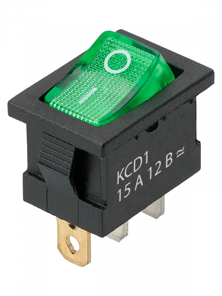 Выключатель клавишный KCD1-101N 12В AC/DC, 1P, 15А, (3с), ON-OFF, черный корпус, зеленая клавиша с LED подсветкой, Mini TDM