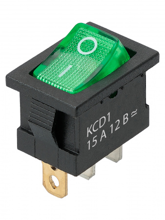 Выключатель клавишный KCD1-101N 12В AC/DC, 1P, 15А, (3с), ON-OFF, черный корпус, зеленая клавиша с LED подсветкой, Mini TDM