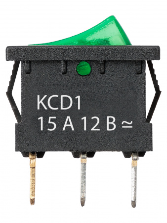 Выключатель клавишный KCD1-101N 12В AC/DC, 1P, 15А, (3с), ON-OFF, черный корпус, зеленая клавиша с LED подсветкой, Mini TDM