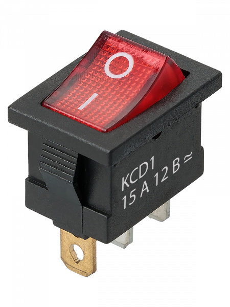Выключатель клавишный KCD1-101N 12В AC/DC, 1P, 15А, (3с), ON-OFF, черный корпус, красная клавиша с LED подсветкой, Mini TDM