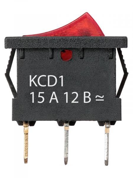 Выключатель клавишный KCD1-101N 12В AC/DC, 1P, 15А, (3с), ON-OFF, черный корпус, красная клавиша с LED подсветкой, Mini TDM