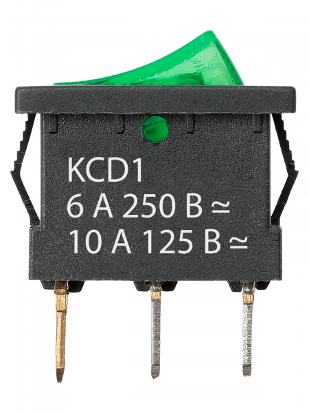 Выключатель клавишный KCD1-101N 250В AC/DC 1P 6А (3с) ON-OFF черный корпус, зеленая клавиша с LED подсветкой, Mini TDM