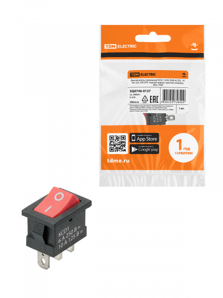 Выключатель клавишный KCD1-102 250В AC/DC, 1P, 6А, (3с), ON-ON, черный корпус, красная клавиша, Mini TDM