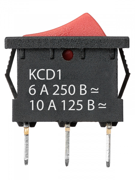 Выключатель клавишный KCD1-102 250В AC/DC, 1P, 6А, (3с), ON-ON, черный корпус, красная клавиша, Mini TDM