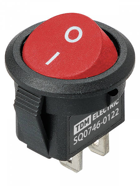 Выключатель клавишный круглый KCD11-101 250В AC/DC, 1P, 3А, (2с), ON-OFF, черный корпус, красная клавиша, Micro TDM