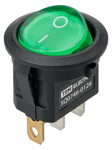 Выключатель клавишный круглый KCD11-101N 250В AC/DC, 1P, 3А, (3с), ON-OFF, черный корпус, зеленая клавиша с LED подсветкой, Micro TDM