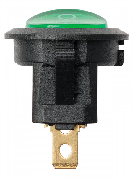 Выключатель клавишный круглый KCD11-101N 250В AC/DC, 1P, 3А, (3с), ON-OFF, черный корпус, зеленая клавиша с LED подсветкой, Micro TDM