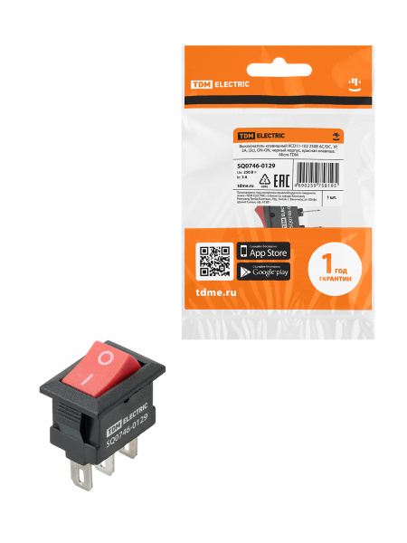 Выключатель клавишный KCD11-102 250В AC/DC, 1P, 3А, (3с), ON-ON, черный корпус, красная клавиша, Micro TDM