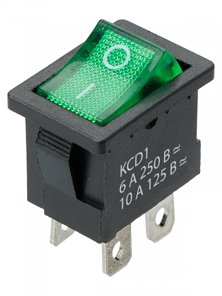 Выключатель клавишный KCD1-201N 250В AC/DC, 2P, 6А, (4с), ON-OFF, черный корпус, зеленая клавиша с LED подсветкой, Mini TDM