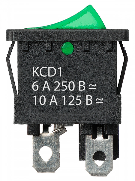 Выключатель клавишный KCD1-201N 250В AC/DC, 2P, 6А, (4с), ON-OFF, черный корпус, зеленая клавиша с LED подсветкой, Mini TDM