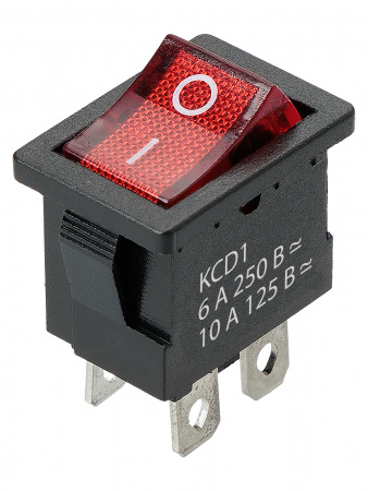 Выключатель клавишный KCD1-201N 250В AC/DC, 2P, 6А, (4с), ON-OFF, черный корпус, красная клавиша с LED подсветкой, Mini TDM
