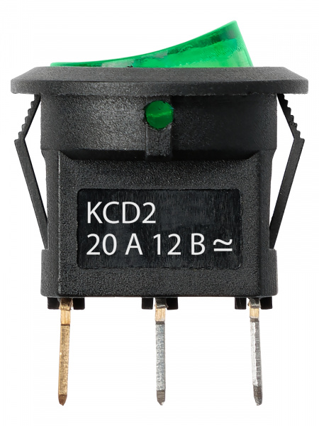 Выключатель клавишный круглый KCD2-101N 12В AC/DC, 1P, 20А, (3с), ON-OFF, черный корпус, зеленая клавиша с LED подсветкой TDM