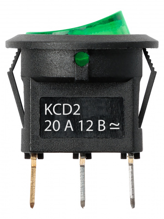 Выключатель клавишный круглый KCD2-101N 12В AC/DC, 1P, 20А, (3с), ON-OFF, черный корпус, зеленая клавиша с LED подсветкой TDM