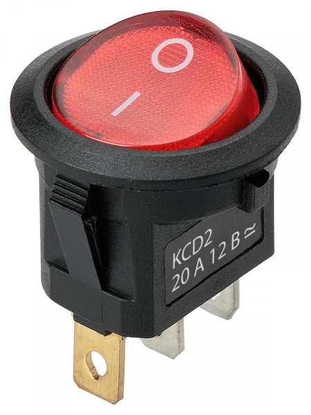 Выключатель клавишный круглый KCD2-101N 12В AC/DC, 1P, 20А, (3с), ON-OFF, черный корпус, красная клавиша с LED подсветкой TDM