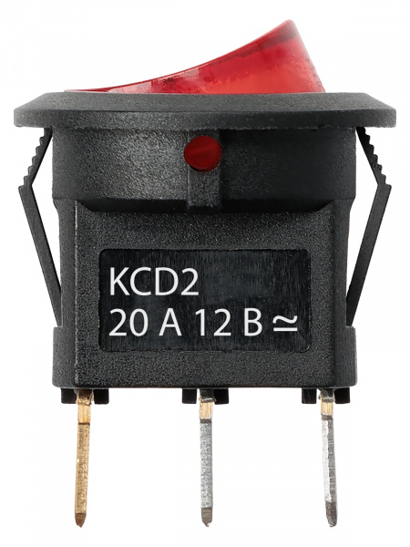 Выключатель клавишный круглый KCD2-101N 12В AC/DC, 1P, 20А, (3с), ON-OFF, черный корпус, красная клавиша с LED подсветкой TDM