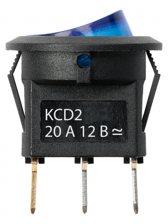 Выключатель клавишный круглый KCD2-101N 12В AC/DC, 1P, 20А, (3с), ON-OFF, черный корпус, синяя клавиша с LED подсветкой TDM