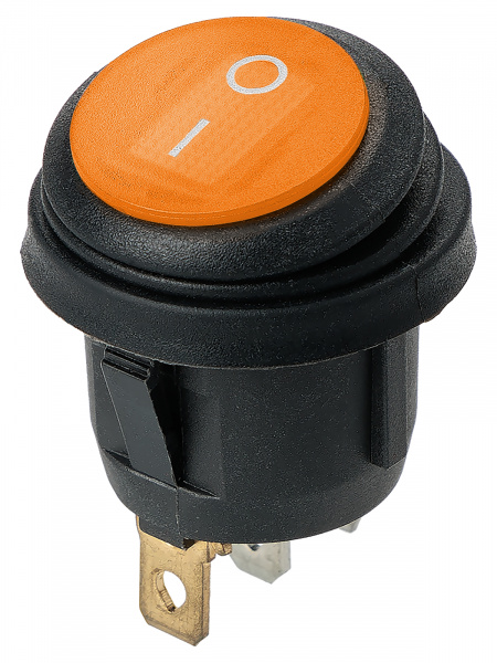 Выключатель клавишный круглый KCD2-101N/FS 250В AC/DC, 1P, 6А, (3с), ON-OFF, черный корпус, желтая клавиша с LED подсветкой, IP54 TDM