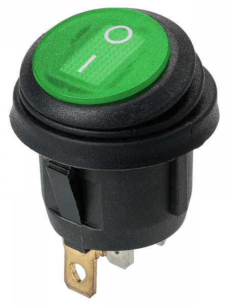 Выключатель клавишный круглый KCD2-101N/FS 250В AC/DC, 1P, 6А, (3с), ON-OFF, черный корпус, зеленая клавиша с LED подсветкой, IP54 TDM