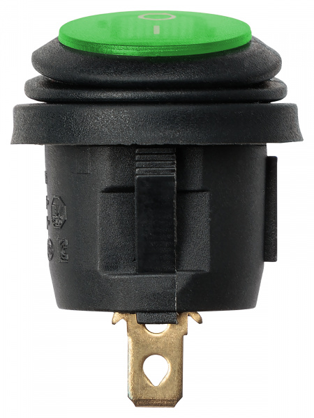 Выключатель клавишный круглый KCD2-101N/FS 250В AC/DC, 1P, 6А, (3с), ON-OFF, черный корпус, зеленая клавиша с LED подсветкой, IP54 TDM