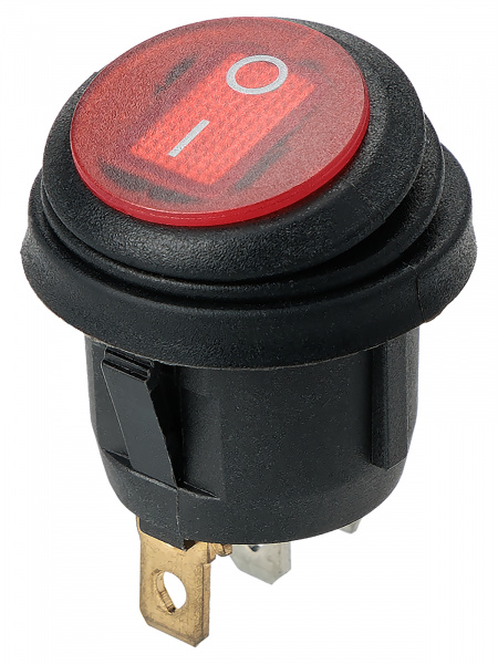 Выключатель клавишный круглый KCD2-101N/FS 250В AC/DC, 1P, 6А, (3с), ON-OFF, черный корпус, красная клавиша с LED подсветкой, IP54 TDM