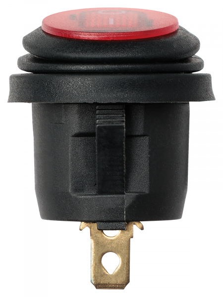 Выключатель клавишный круглый KCD2-101N/FS 250В AC/DC, 1P, 6А, (3с), ON-OFF, черный корпус, красная клавиша с LED подсветкой, IP54 TDM