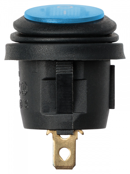 Выключатель клавишный круглый KCD2-101N/FS 250В AC/DC, 1P, 6А, (3с), ON-OFF, черный корпус, синяя клавиша с LED подсветкой, IP54 TDM