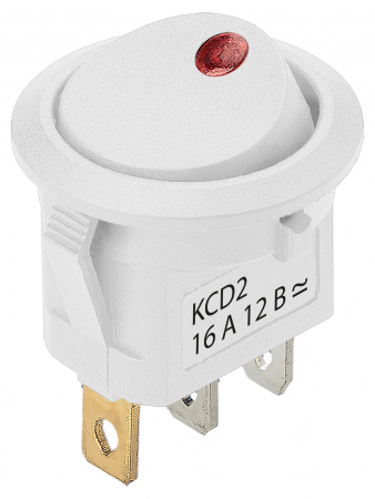 Выключатель клавишный круглый KCD2-101N-2 12В AC/DC, 1P, 16А, (3с), ON-OFF, белый с красной точечной LED подсветкой TDM