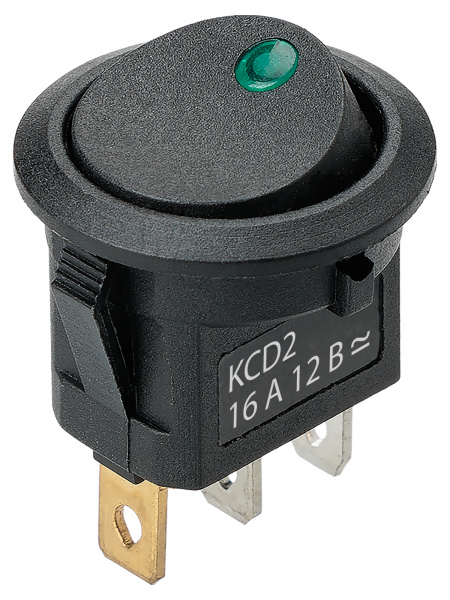 Выключатель клавишный круглый KCD2-101N-2 12В AC/DC, 1P, 16А, (3с), ON-OFF, черный с зеленой точечной LED подсветкой TDM