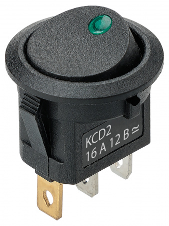 Выключатель клавишный круглый KCD2-101N-2 12В AC/DC, 1P, 16А, (3с), ON-OFF, черный с зеленой точечной LED подсветкой TDM