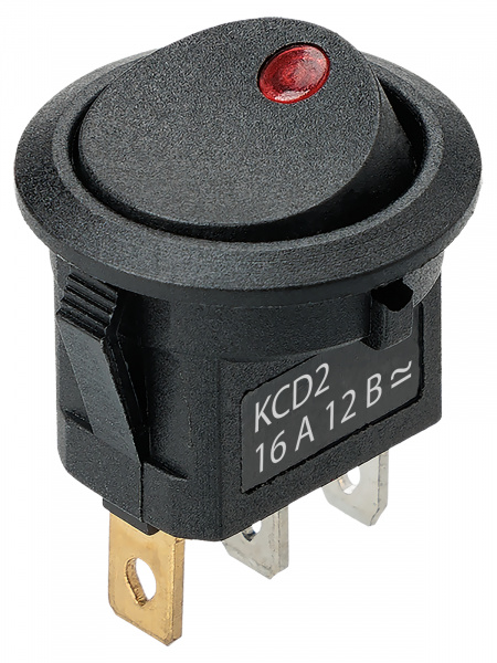 Выключатель клавишный круглый KCD2-101N-2 12В AC/DC, 1P, 16А, (3с), ON-OFF, черный с красной точечной LED подсветкой TDM