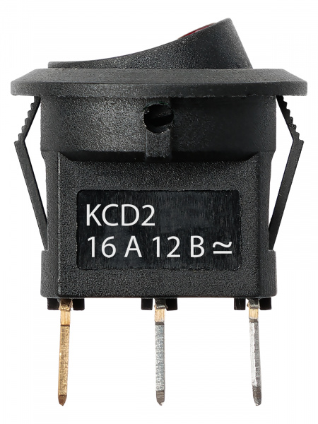 Выключатель клавишный круглый KCD2-101N-2 12В AC/DC, 1P, 16А, (3с), ON-OFF, черный с красной точечной LED подсветкой TDM