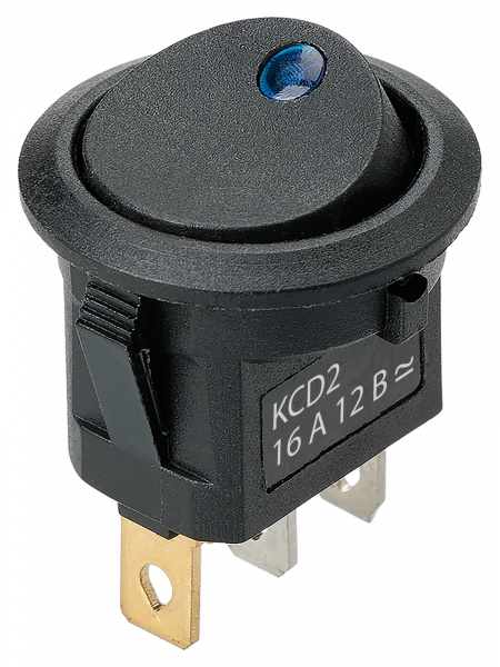 Выключатель клавишный круглый KCD2-101N-2 12В AC/DC, 1P, 16А, (3с), ON-OFF, черный с синей точечной LED подсветкой TDM
