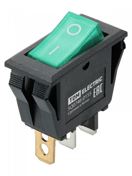 Выключатель клавишный KCD3-101N/B 250В AC/DC, 1P, 15А, (3с), ON-OFF, черный корпус, зеленая клавиша с LED подсветкой TDM